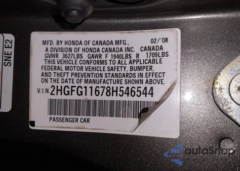 2008 Honda Civic Lx z USA, uszkodzony, nr VIN 2HGFG11678H546544